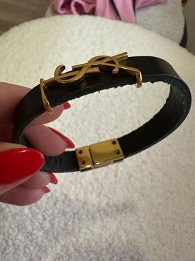 Saint Laurent Black Leather Bracelet with Gold YSL Logo